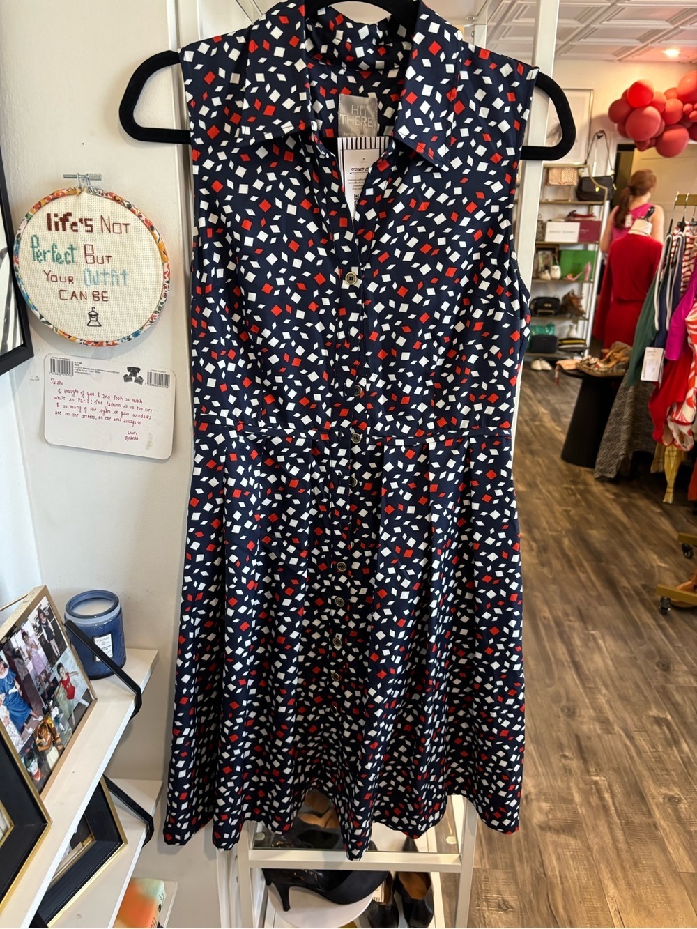 Karen Walker Navy Shirt Dress with Red and White Geo Print